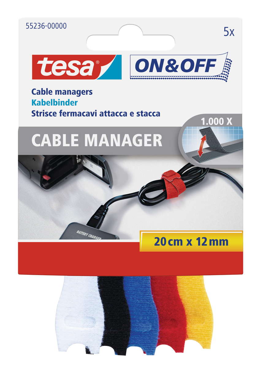 tesa ON & OFF Klett Kabelbinder, bunt, 5 Stück, 20cm x 12mm