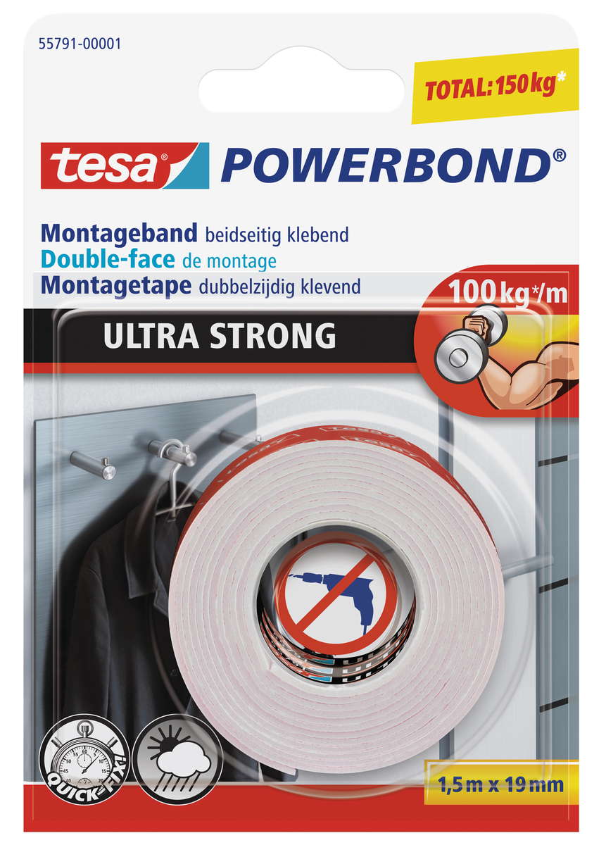 tesa doppelseitiges Montageband ULTRA STRONG, 1,5m x 19mm