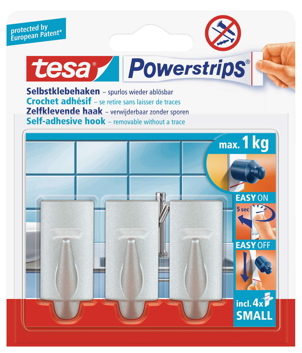tesa selbstklebende Haken, bis 1kg, wieder ablösbar, eckig, matt-chrom, 3 Stück
