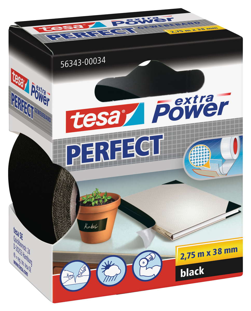 tesa Gewebeband, extra Power Perfect, schwarz, 2,75m x 38mm