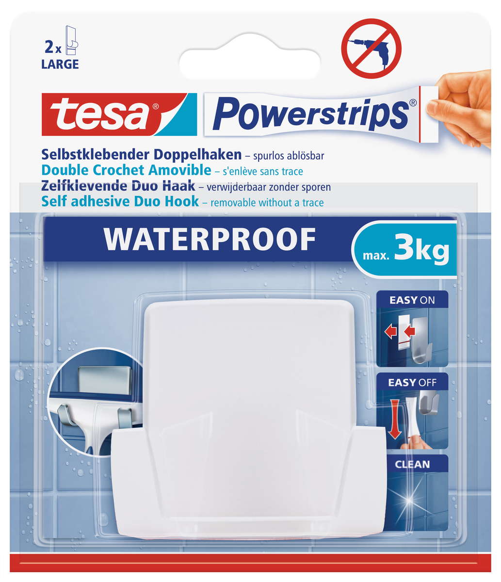 tesa Doppelhaken, wasserfest für Dusche und Bad, weiß, wieder ablösbar